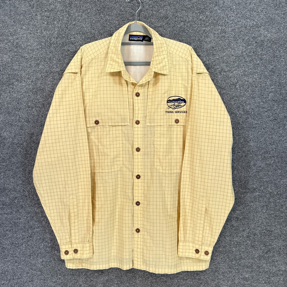 Patagonia Fishing Shirt Mens Large Yellow Plaid Vented Back Long Sleeve Outdoor